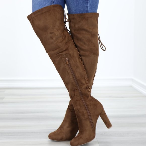 Suede Over The Knee Heeled Boots With Lace Up Back - Picture 13 of 15